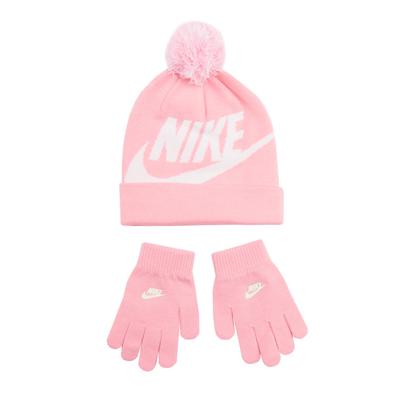 Pink knit beanie with pom and white Nike swoosh, plus matching pink gloves