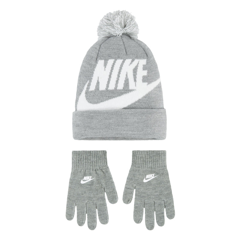 Youth grey heather pom beanie with white logo, paired with matching grey knit gloves