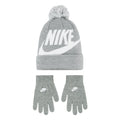 Youth grey heather pom beanie with white logo, paired with matching grey knit gloves