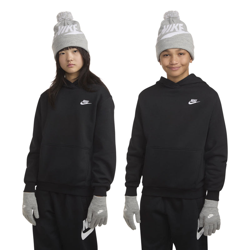 Youth grey heather pom beanie and knit gloves with white logos on model