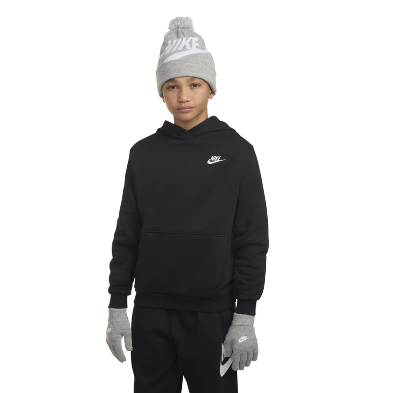 Youth grey heather pom beanie and gloves set with white logos, worn by child