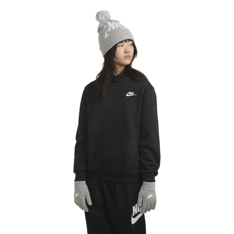 Youth grey heather pom beanie and knit gloves with white logos, side view