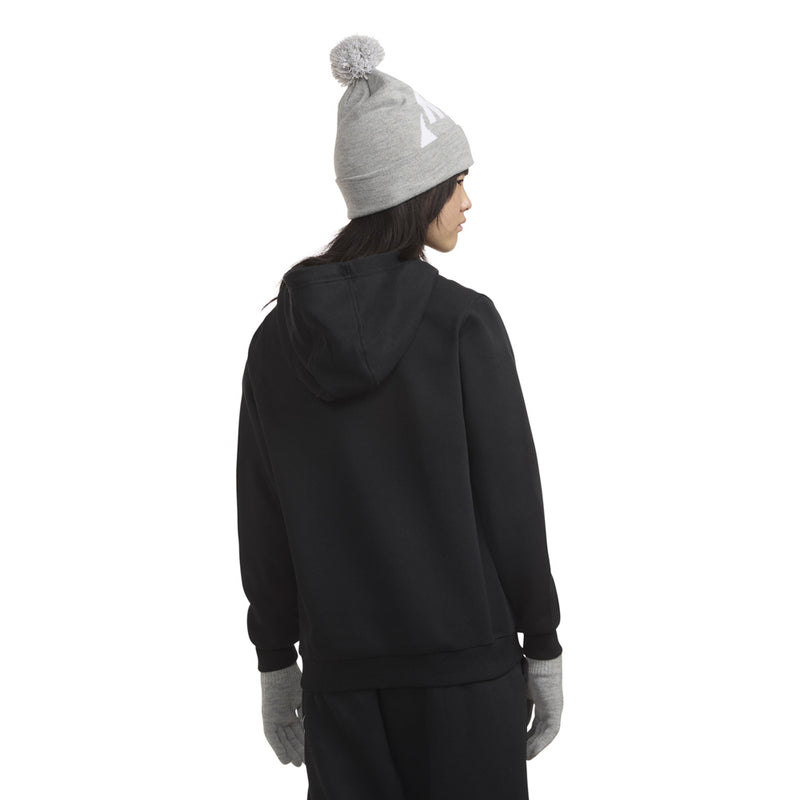 Youth grey heather pom beanie and knit gloves with white logos, back view