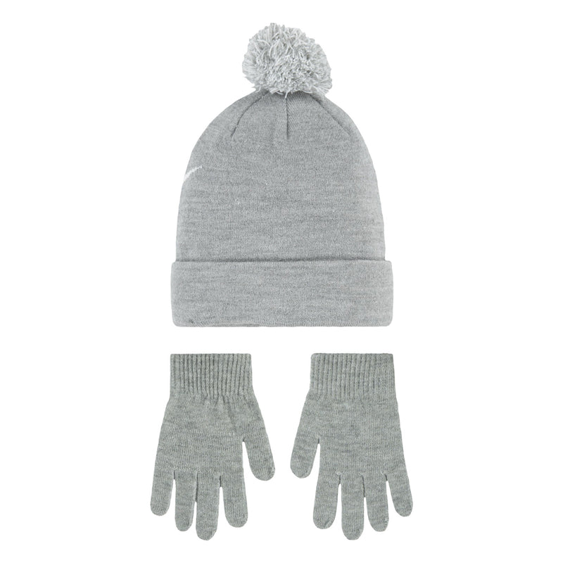 Youth grey heather pom beanie with white logo, paired with grey knit gloves