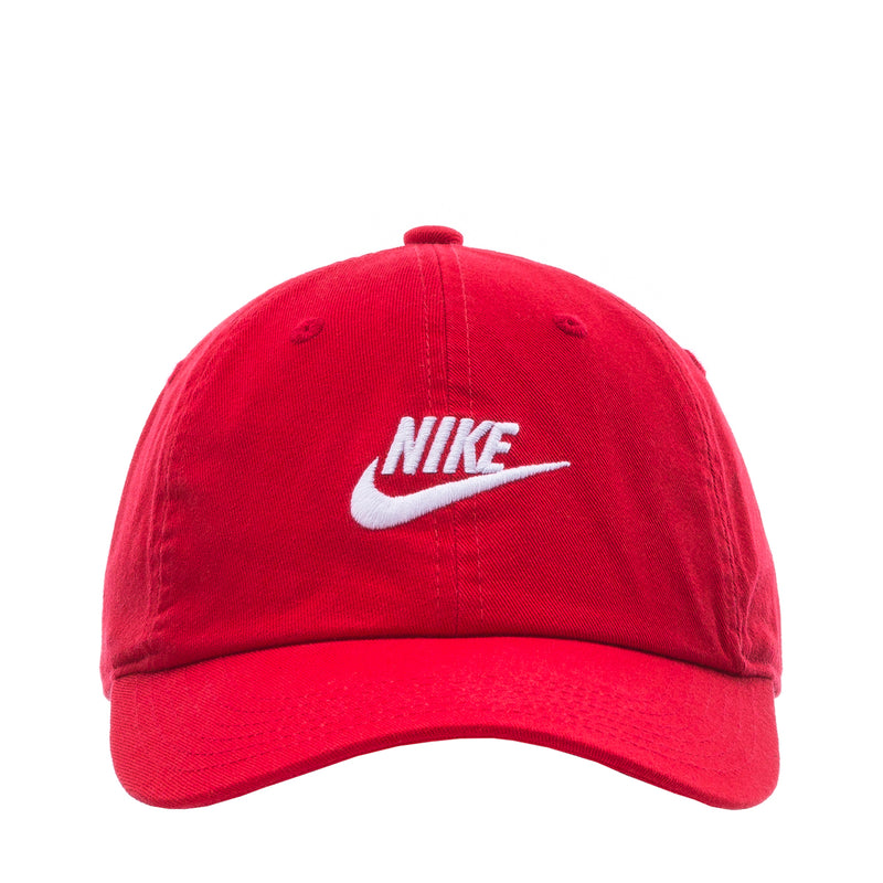Youth red strapback cap with white Nike swoosh logo on front