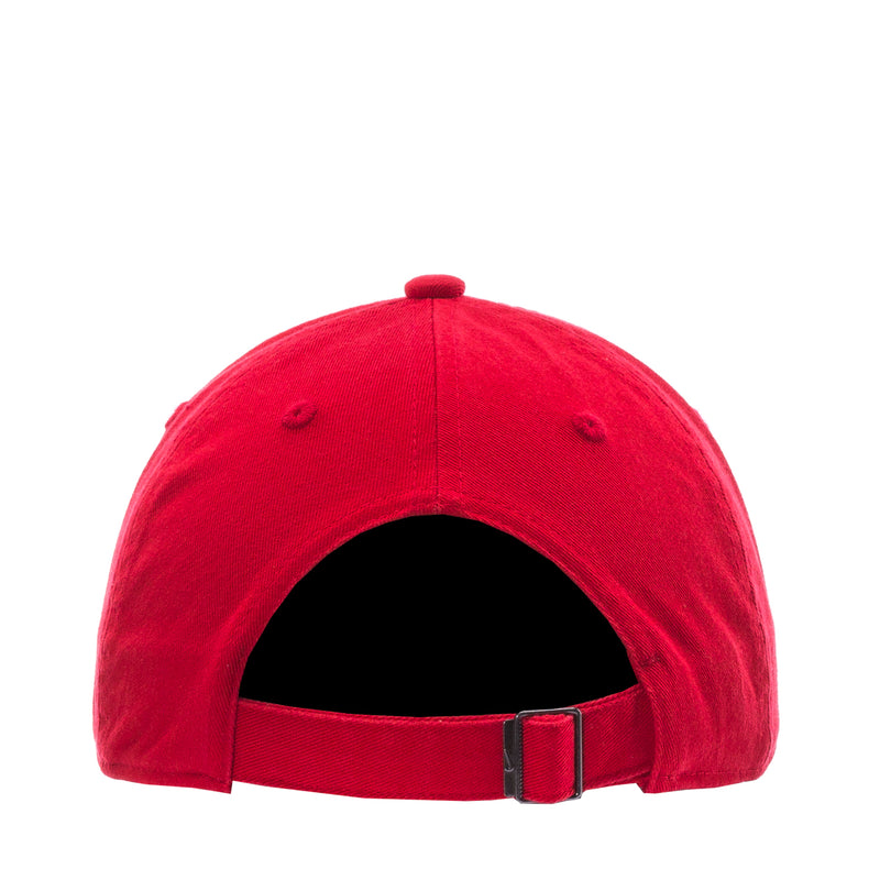 Youth red strapback cap showing adjustable back strap and buckle