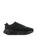 Black youth lace-up running shoes with textured knit upper and chunky trail sole
