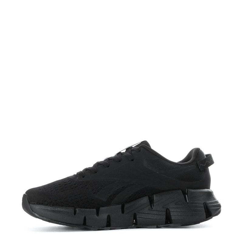 Black youth running sneaker with lace-up front and deep lug rubber sole